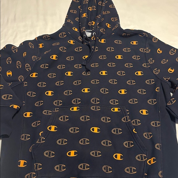 Champion Men's Hoodie with Navy and Orange Pattern - Picture 4 of 5